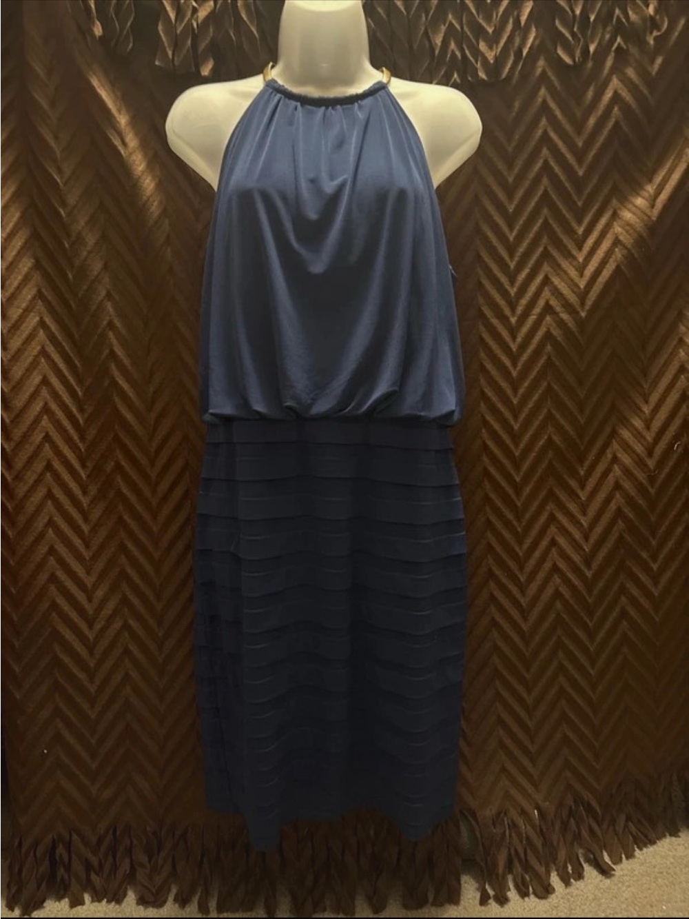 Max Studio Navy Halter Blouson Midi Dress
